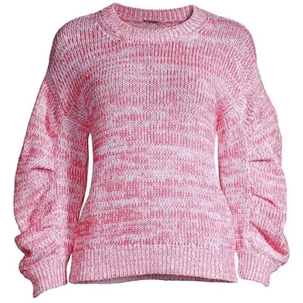 $275 ELIE TAHARI Puff Sleeve Sweater Pink Combo Peruvian 100% Cotton white M